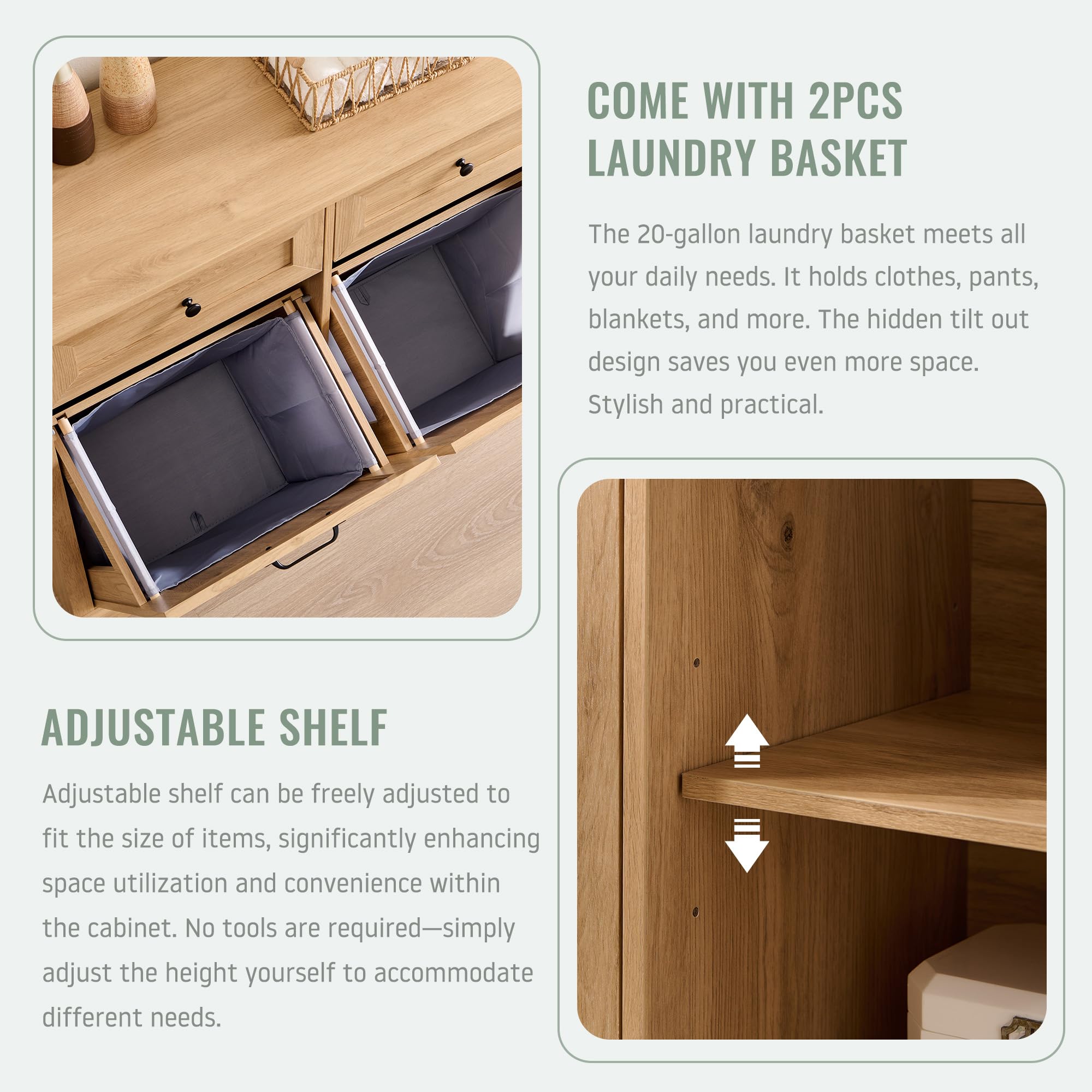IFBUY Triple Tilt Out Laundry Hamper Cabinet, 20 Gallon Farmhouse Trash Can Cabinet w/Drawer & Adjustable Shelf, Hidden Garbage Can Bin Cabinets w/Laundry Basket for Bathroom, Kitchen (Natural)