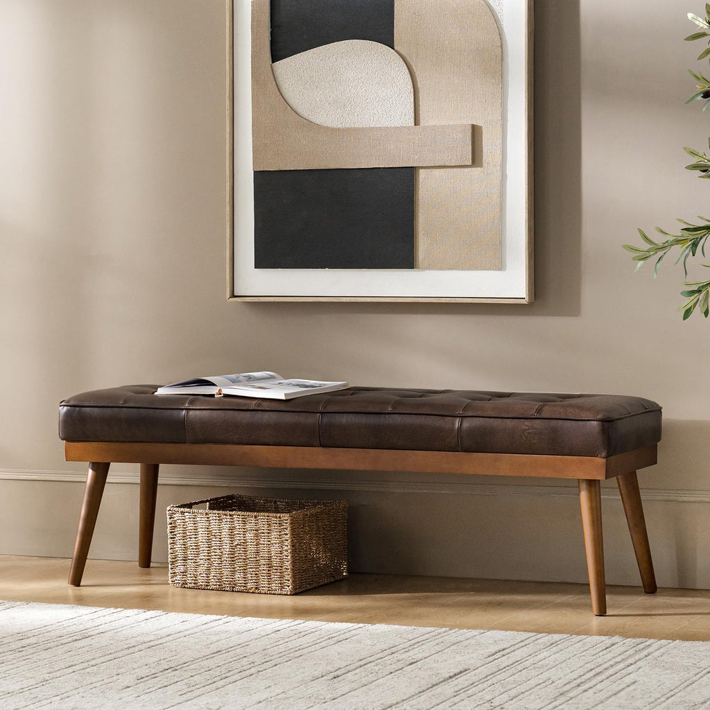 HULALA HOME 55.5" Genuine Leather Bench, Button-Tufted Entryway Bench with Solid Wood Legs, Upholstered End of Bed Bench for Bedroom, Chocolate