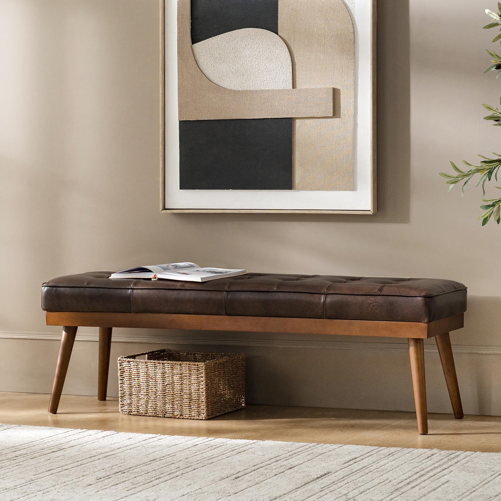HULALA HOME 55.5" Genuine Leather Bench, Button-Tufted Entryway Bench with Solid Wood Legs, Upholstered End of Bed Bench for Bedroom, Chocolate