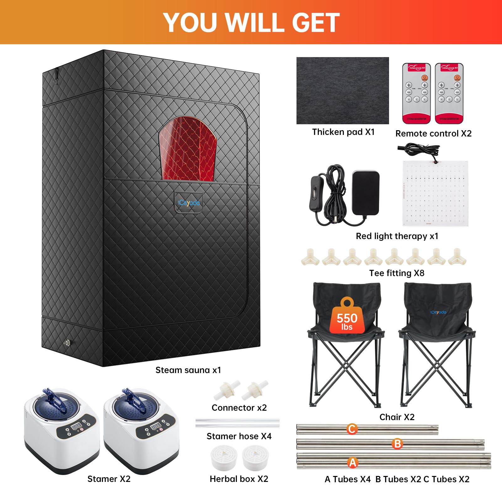 Ceyodo Upgraded 2 Person Infrared Sauna Box, 77”x 37”x 50” Portable Sauna with 660nm Red Light Therapy & 850nm,5-Layer Waterproof, 2 Steamers,2 Folding Chairs for Home Sauna