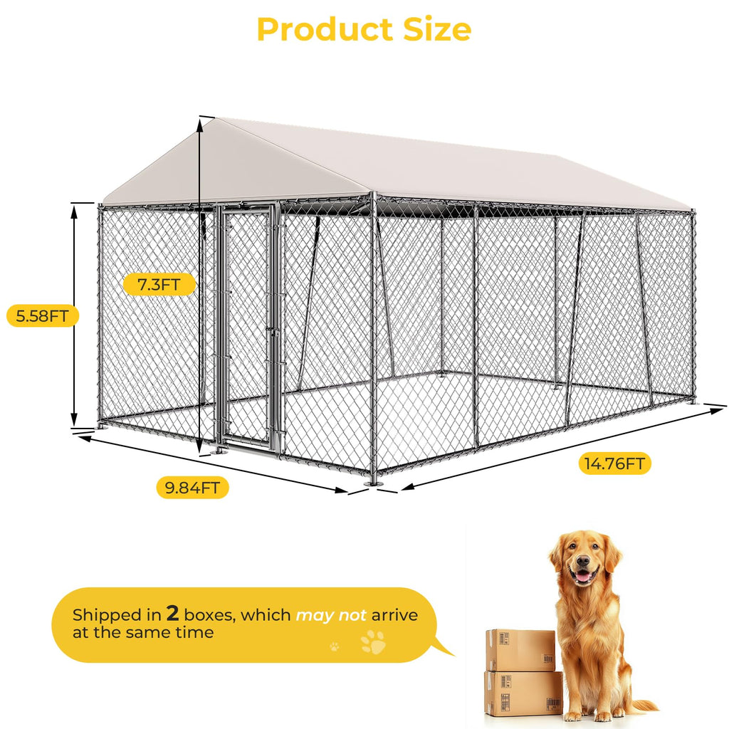 Lyromix 10 x 15FT Large Outdoor Dog Kennel with Roof, Dog Kennel Outside with Waterproof Cover, Galvanized Heavy Duty Chain Link Dog Runs Cage Playpen for Outside with Secure Lock