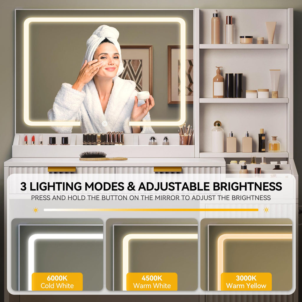YITAHOME Large Makeup Vanity Desk with Mirror and Lights, Fluted Vanity Table with 2 Drawers & Adjustable Shelves, Makeup Mirror in 3 Modes Lighting, Dressing Table Set w/Charging Station, White