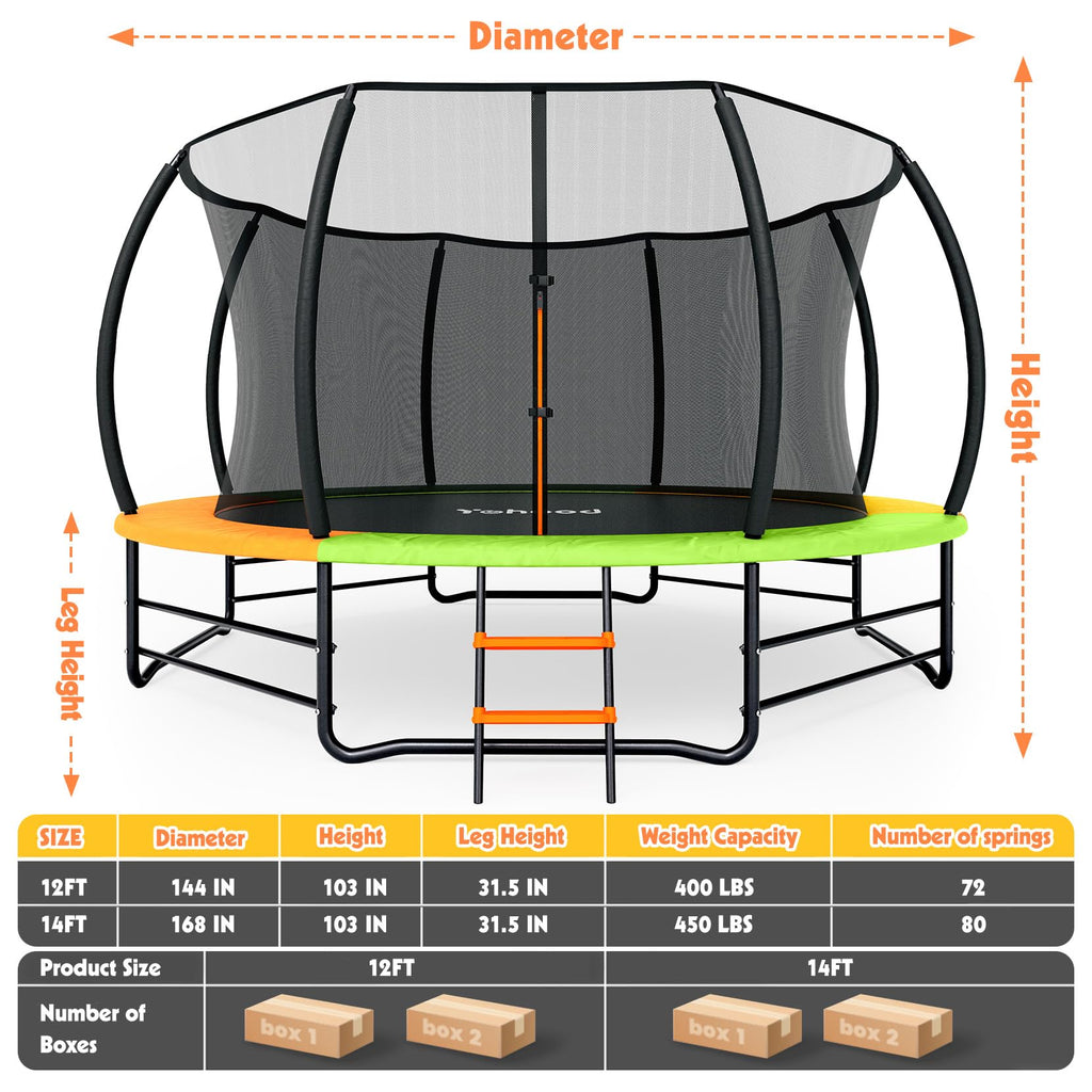 Yohood Trampoline Outdoor 12FT 14FT, Recreational Trampolines with Enclosure Net and Ladder, ASTM Approved for Kids and Adults, with Additional 8 Stabilizer Bars and Anti-Rust Coated Galvanized Frame