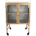 Creative Co-Op Vintage Metal Bar Cabinet with Glass Doors and Wheels, Antique Brass