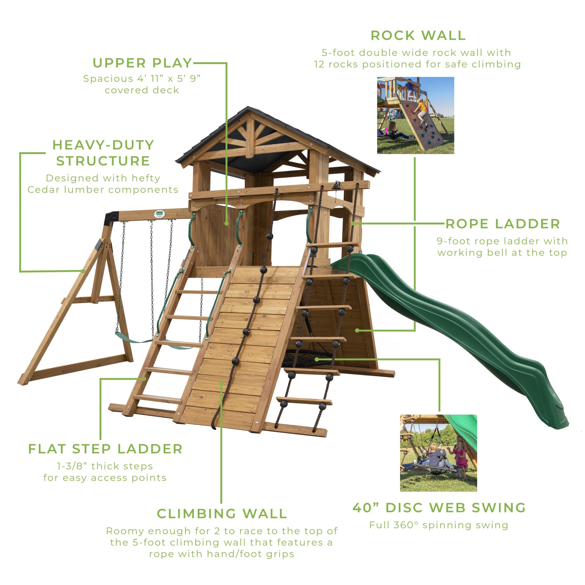 Backyard Discovery Endeavor All Cedar Wood Swing Set Playset for Backyard with Large Clubhouse Wave Slide Rope Ladder Rock Climbing Wall Wave Slide 2 Belt Swings and 1 Web Swing Gift for Ages 3-10