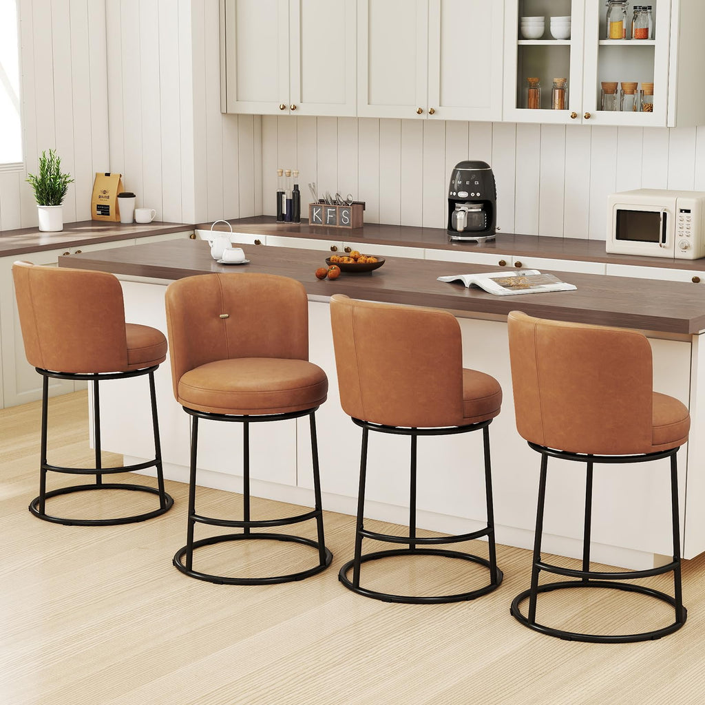 SAECKBERG Swivel Counter Height Bar Stools Set of 4, 26" H Modern Bar Stools for Kitchen Island Counter, Upholstered Barstools with Backs, Counter Height Chairs （Brown, Faux Leather）