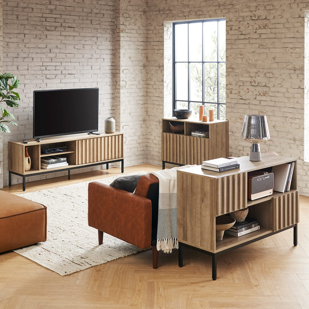 mopio Norwin TV Stand, Rustic Modern Industrial Television Stand for 60/65/70 inch TV, Fluted Entertainment Center with Storage, Wood Media Console Credenza Cabinet Table (Oak 64" TV Stand)