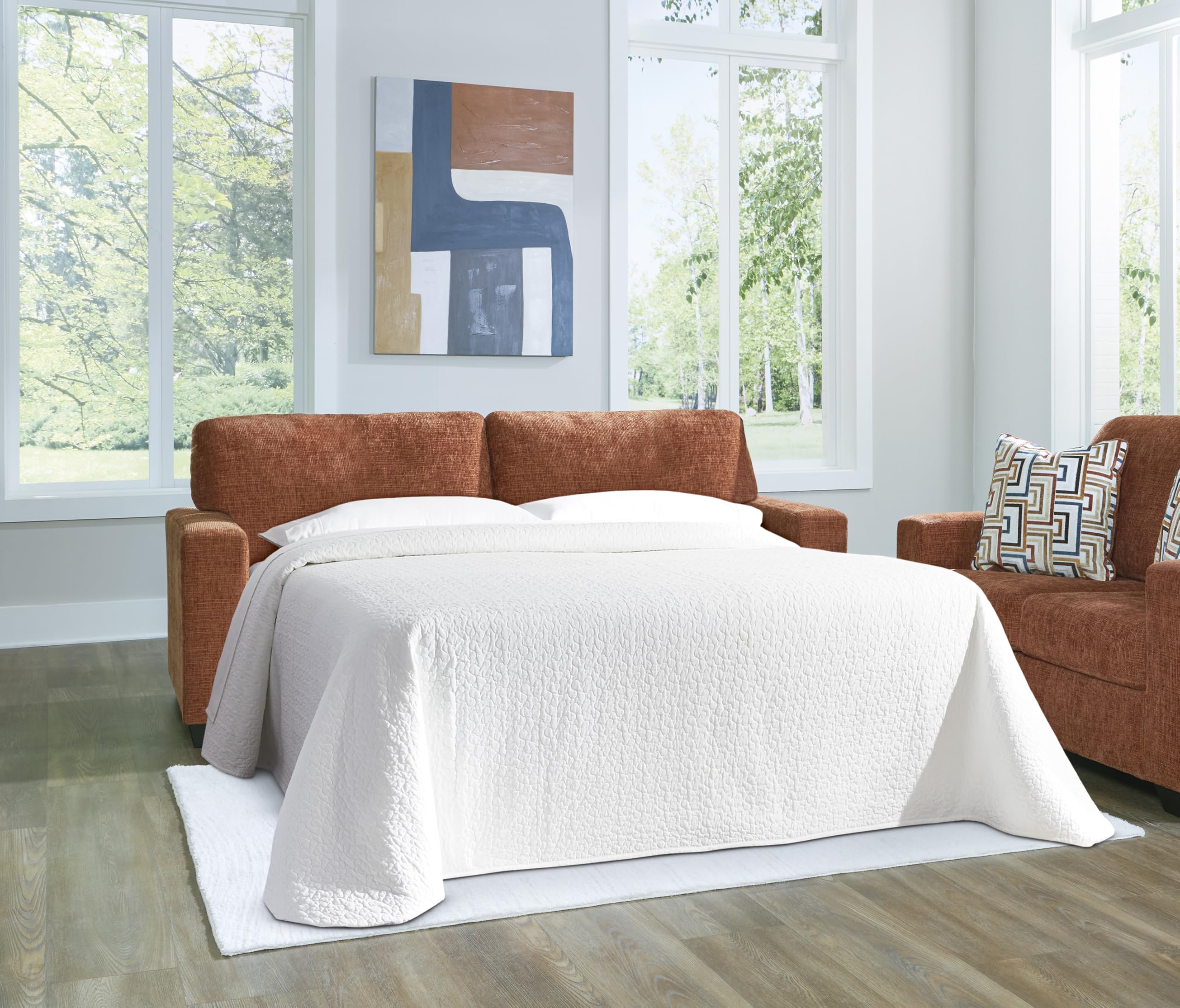 Signature Design by Ashley Aviemore Contemporary Sofa Sleeper with Folding Memory Foam Mattress and 2 Accent Pillows, Queen, Orange