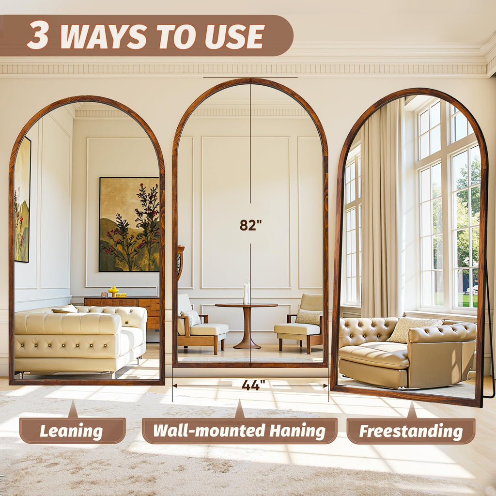 Full Length Mirror 82"×44" Floor Mirror Standing Tall Mirror, Arched Stand up Large Wall Mirrors, Freestanding Full Body Mirrors for Bedroom Living Room Wood Antique Style Walnut