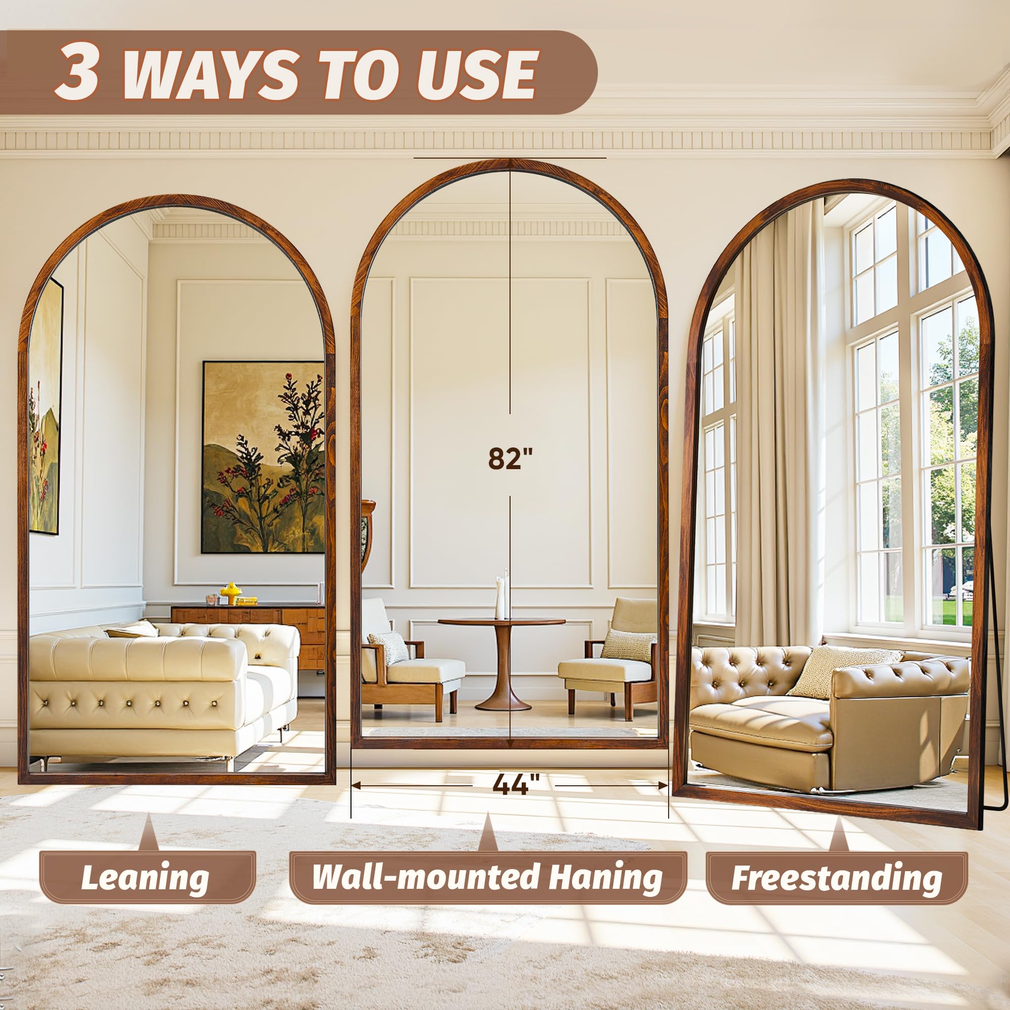 Full Length Mirror 82"×44" Floor Mirror Standing Tall Mirror, Arched Stand up Large Wall Mirrors, Freestanding Full Body Mirrors for Bedroom Living Room Wood Antique Style Walnut