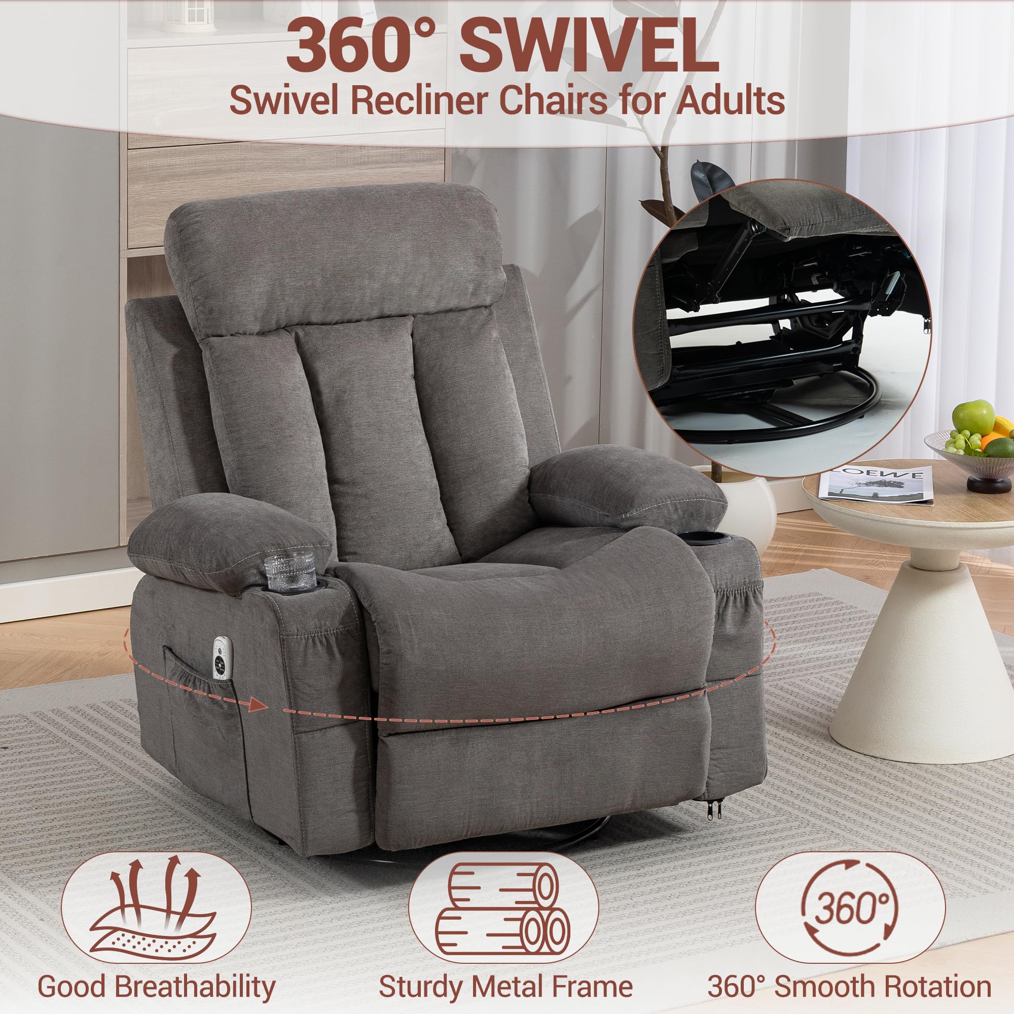 WINVO Rocker Recliner, Glider Recliner Chairs for Adults, 360° Swivel Recliner Chair w/Massage and Heating, Nursery Chair with Rocking Function, Side Pocket, Cup Holders for Living Room, Bedroom, Grey