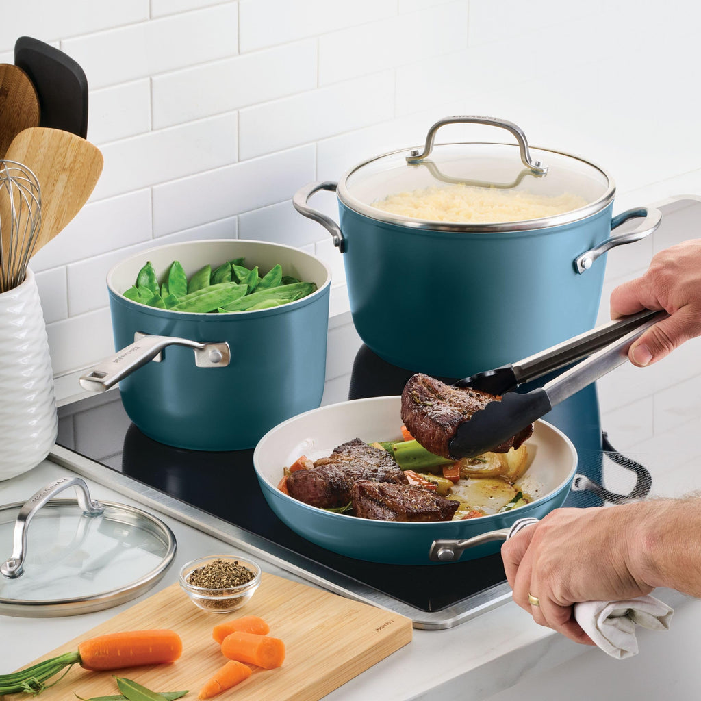 KitchenAid Hard Anodized Ceramic Induction Nonstick Pots and Pans Set with Saucepans, Frying Pans, Stockpot, and Lids, Dishwasher Safe, 9 Piece Cookware Set with Stainless Steel Handles - Agave Blue