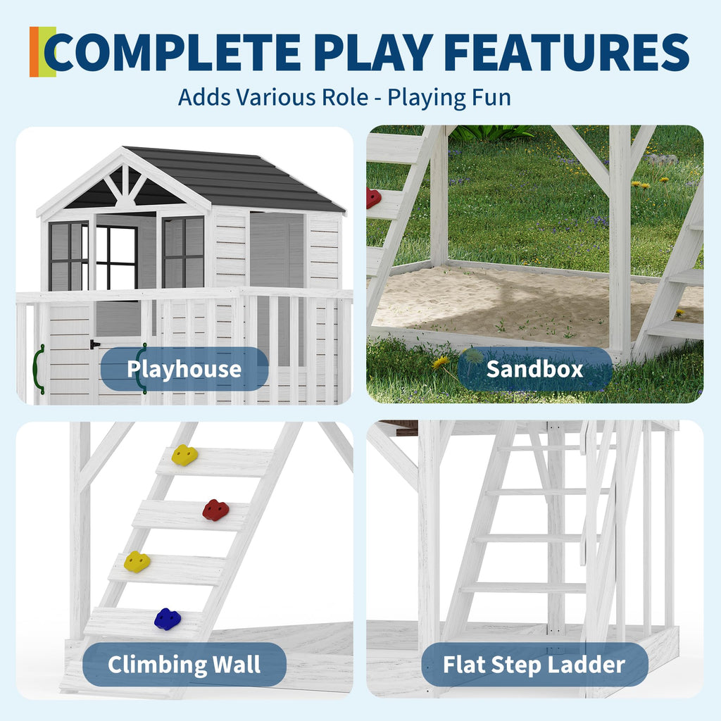 GarveeLife Outdoor Wooden Playhouse with Climbing Wall, 2 Story Wooden Playhouse with Step Ladder, Elevated Modern Cedar Playhouses Kids
