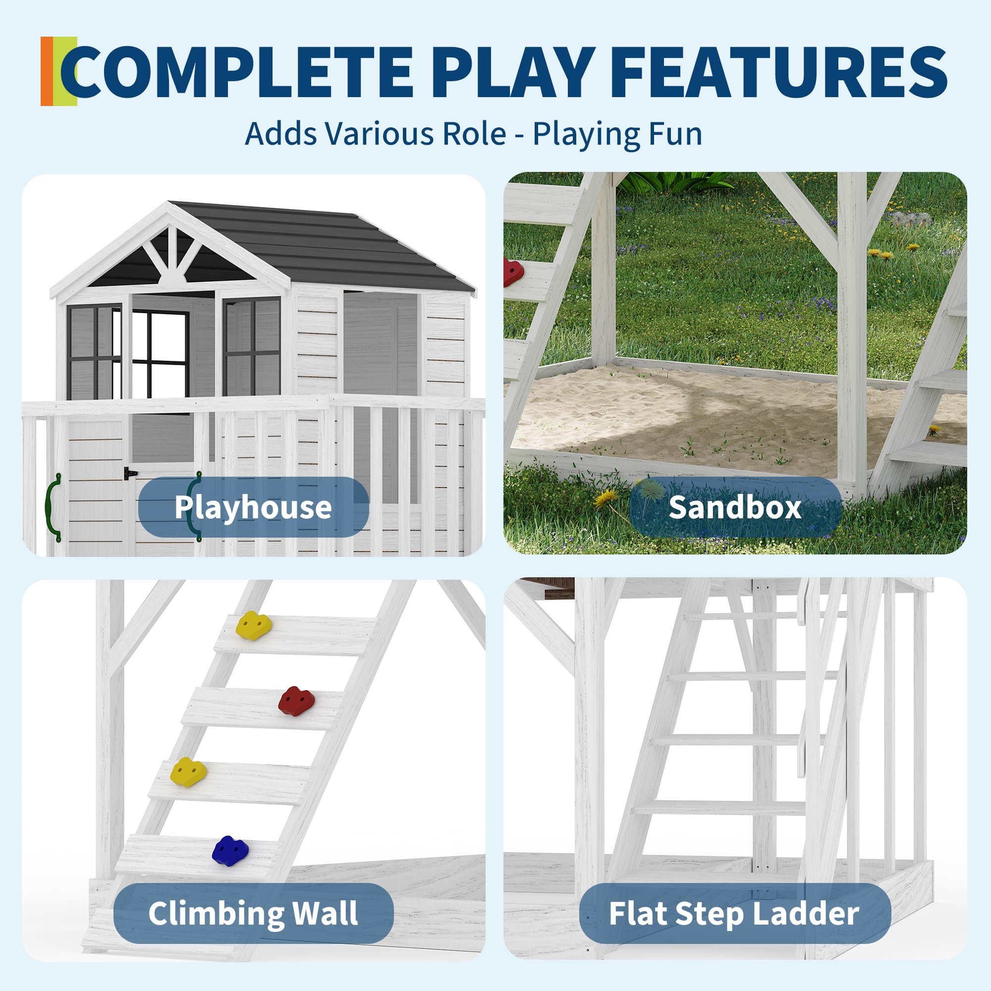 GarveeLife Outdoor Wooden Playhouse with Climbing Wall, 2 Story Wooden Playhouse with Step Ladder, Elevated Modern Cedar Playhouses Kids