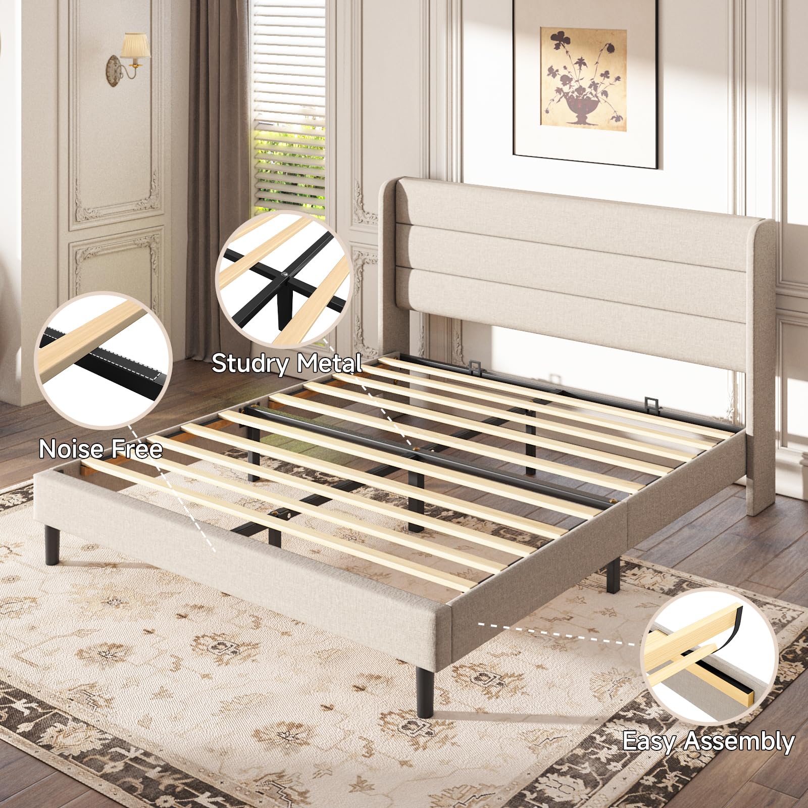 Mxhtcewz Queen Size Upholstered Platform Bed Frame, Modern Linen Fabric Bed with Wingback Headboard, Sturdy No Wobble, Noise-Free & Easy Assembly, No Box Spring Needed, Beige