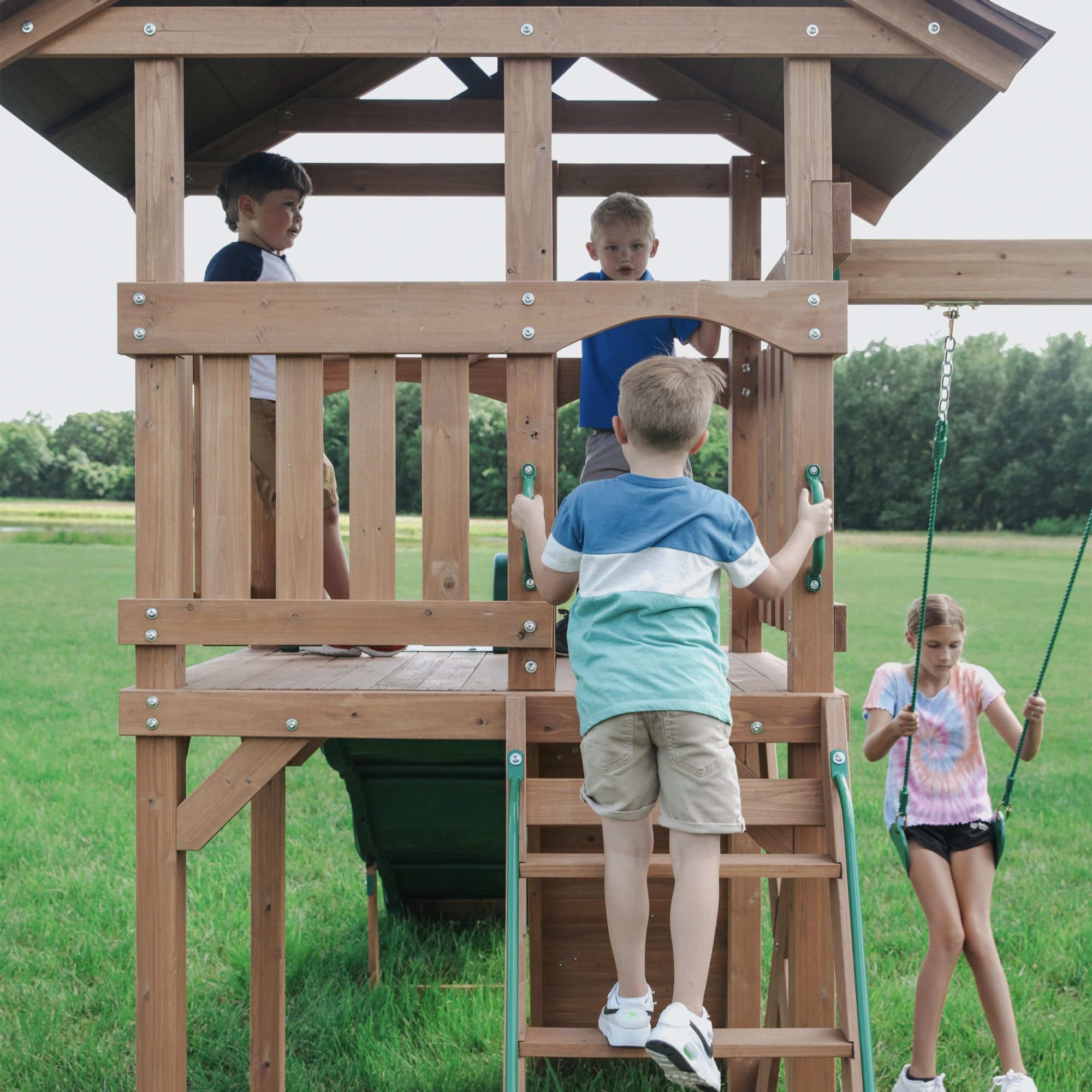 Backyard Discovery Lightning Ridge Cedar Wood Swing Set with Wave Slide, Play Deck, Rock Wall, Sandbox, Belt Swings, Toy Telescope, Steering Wheel, Step Ladder, Outdoor Playset