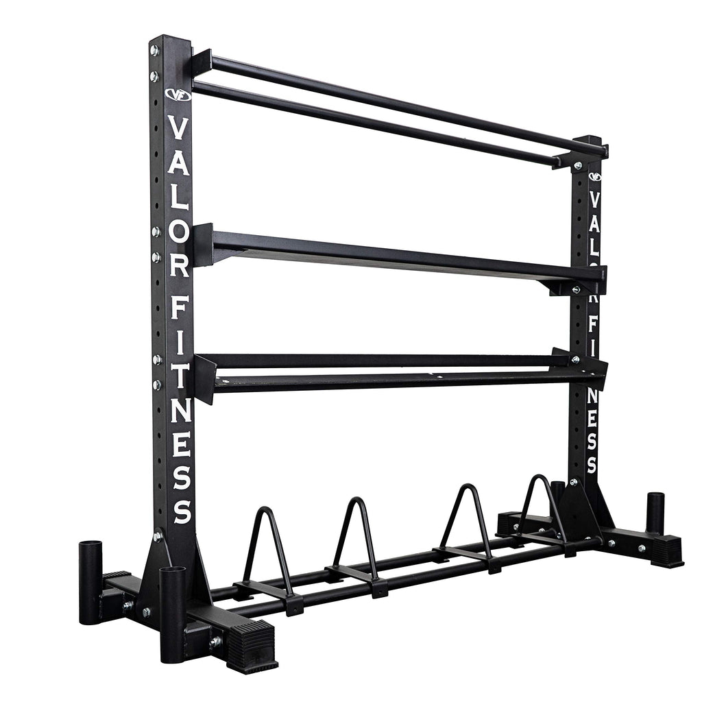 Valor Fitness Heavy Duty 4-Tier Gym Equipment Storage Rack – Organize Kettlebells, Dumbbells, Medicine Balls, Bumper Plates & 4 Barbells, 1200 lb Capacity for Home Gym Sports Equipment Organizer