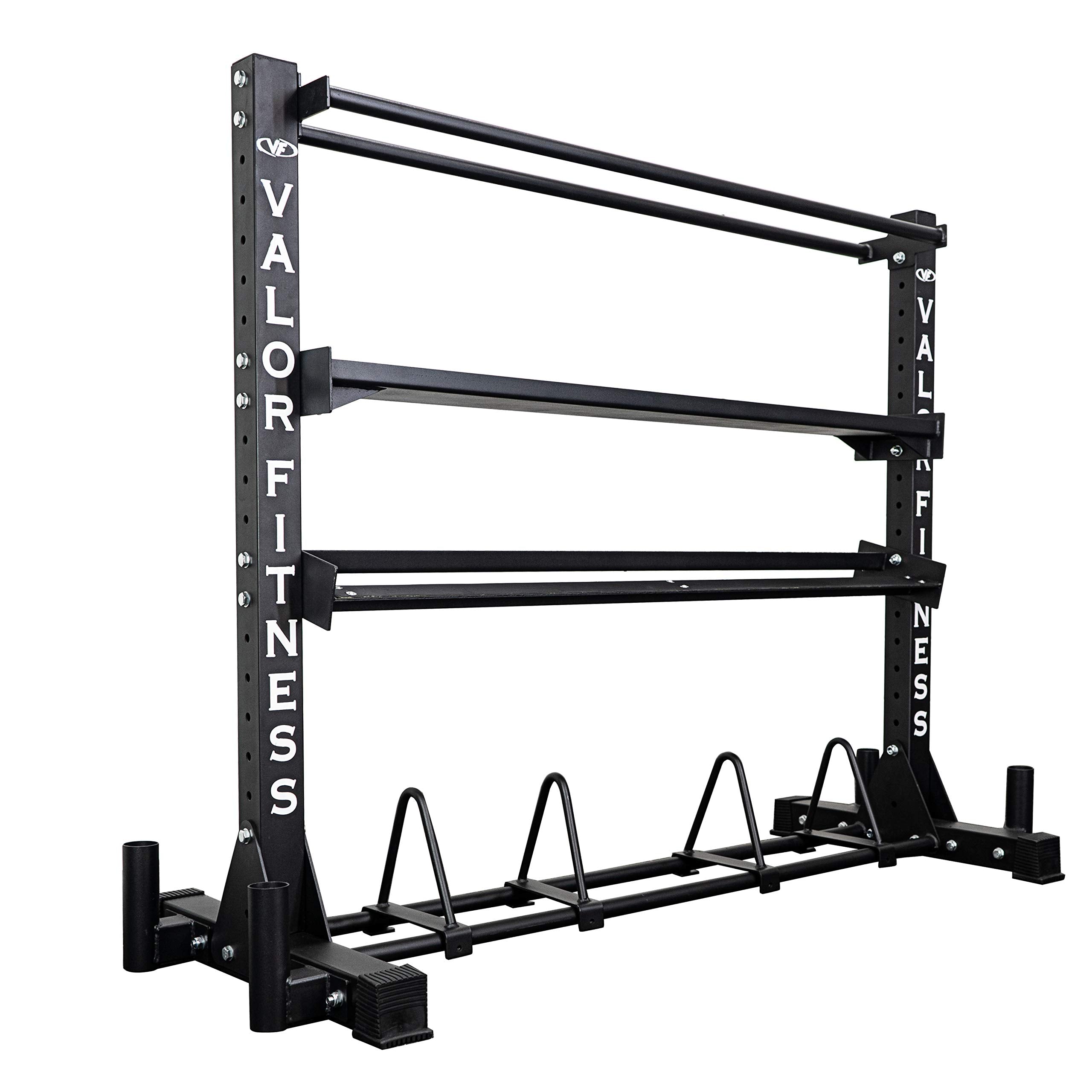 Valor Fitness Heavy Duty 4-Tier Gym Equipment Storage Rack – Organize Kettlebells, Dumbbells, Medicine Balls, Bumper Plates & 4 Barbells, 1200 lb Capacity for Home Gym Sports Equipment Organizer