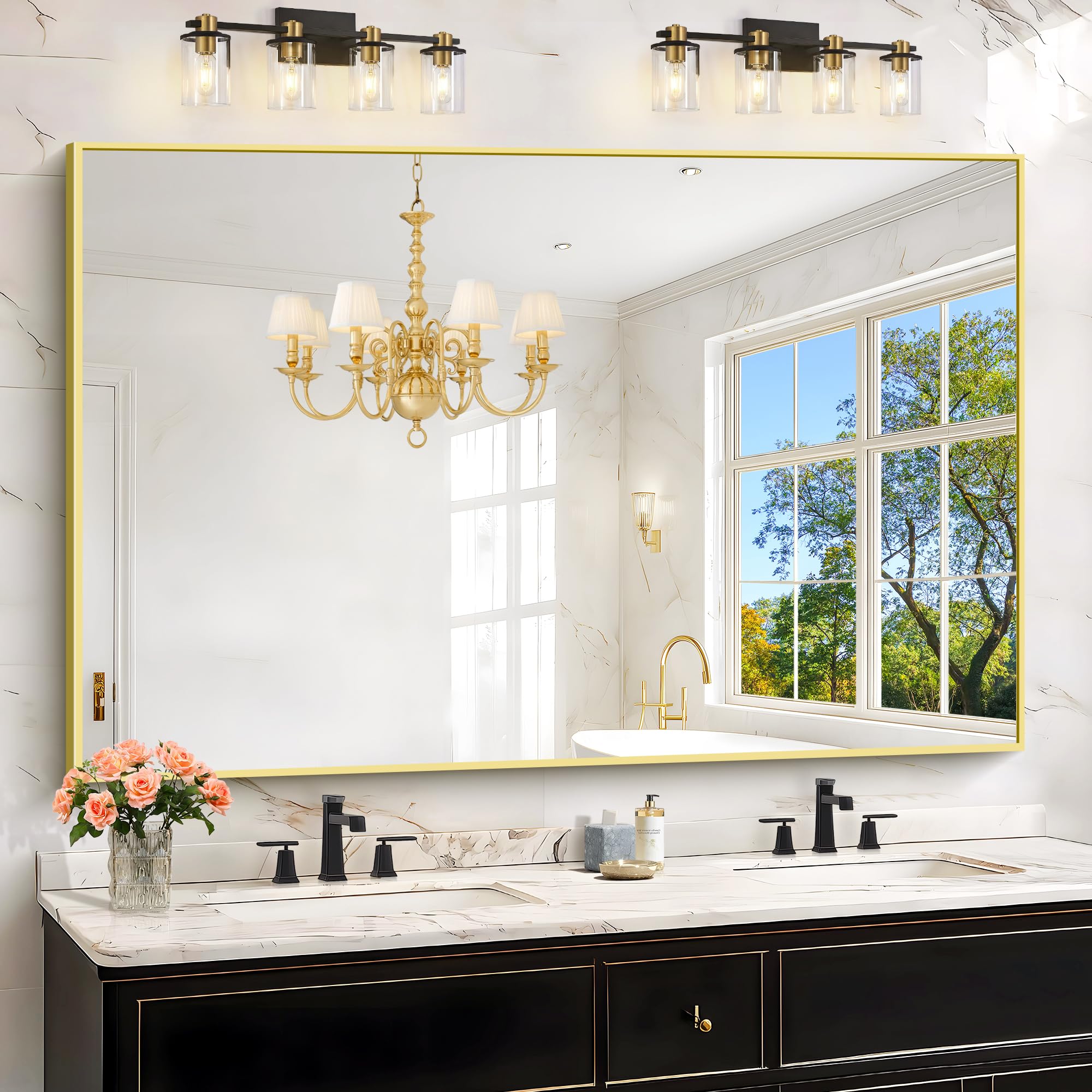 KOCUUY Large Gold Bathroom Mirror, 60x40 Inch Rectangular Mirror for Bathroom Sink, Oversized Wall Mirror with Metal Gold Frame for Living Room, Farmhouse, Entryway, Hang Horizontal/Vertical