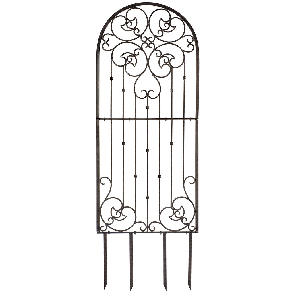 H Potter 72” Heavy Duty Garden Trellis – 60 lb Solid Iron Scrollwork Panel, 1” Metal Frame with Ground & Stabilizing Stakes (Charcoal Brown)