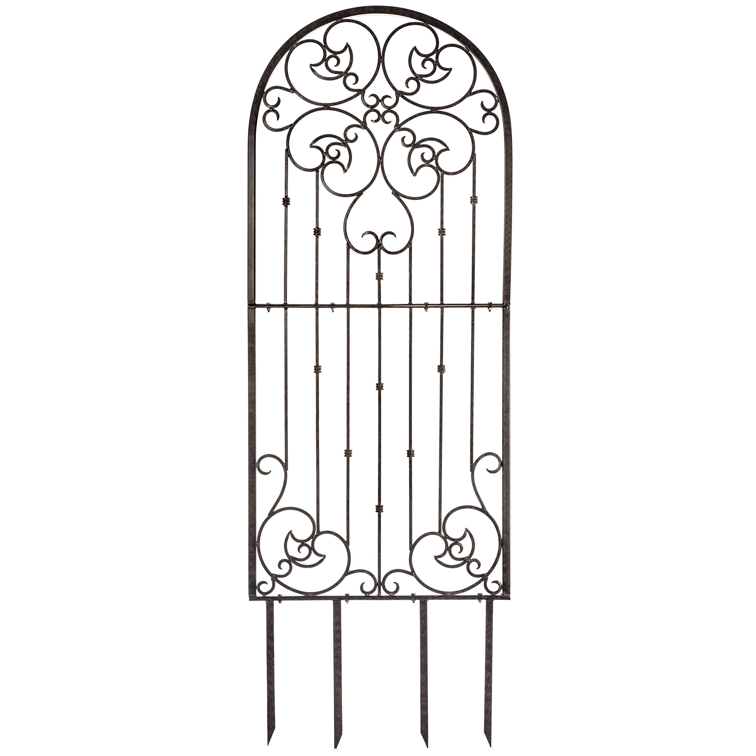 H Potter 72” Heavy Duty Garden Trellis – 60 lb Solid Iron Scrollwork Panel, 1” Metal Frame with Ground & Stabilizing Stakes (Charcoal Brown)