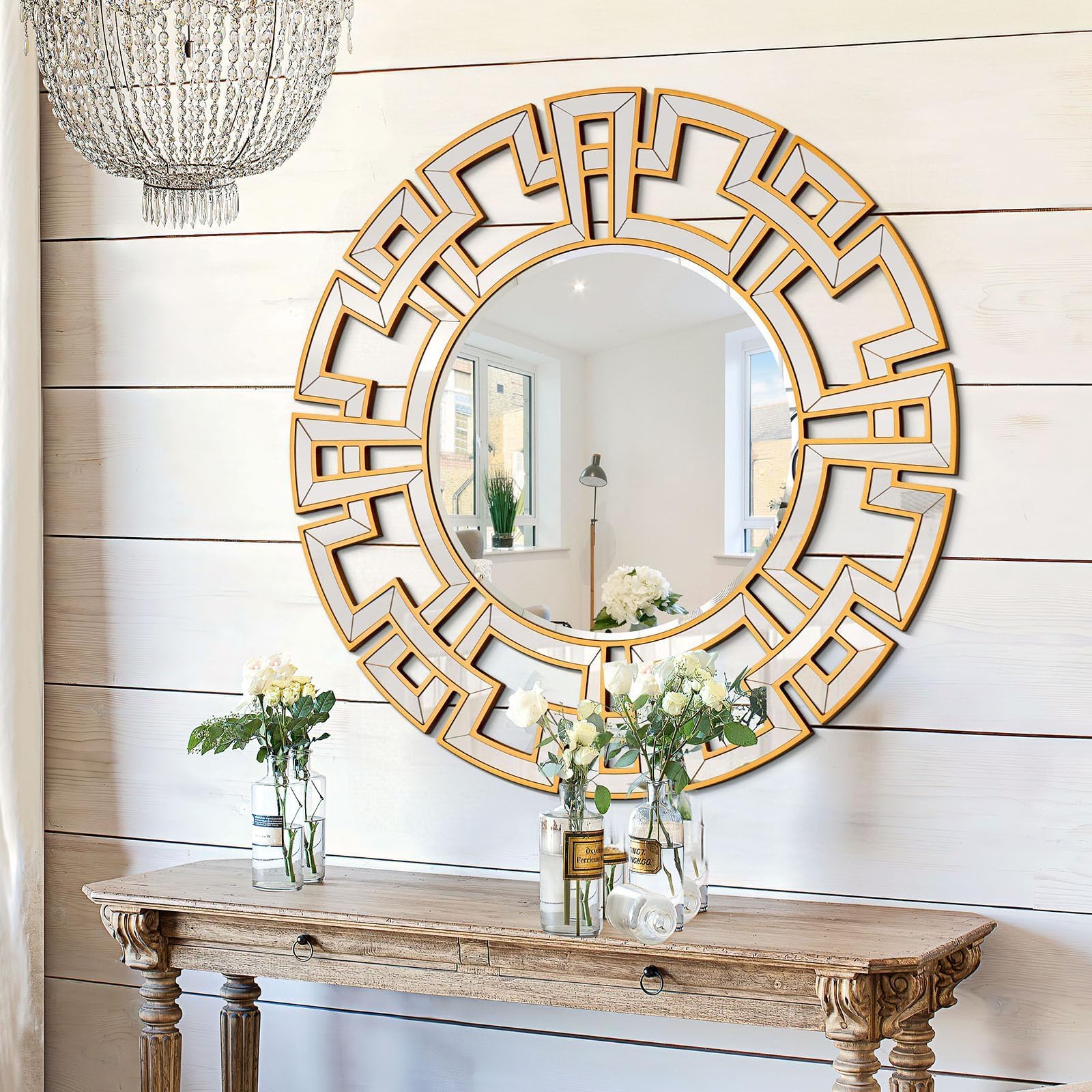 Chende Large Round Mirror, 40'' Modern Living Room Mirrorr with Beveled Glass Edge, Gold Decorative Wall Mirror with Wooden Frame for Dining Room, Entryway, Mantel, Bathroom