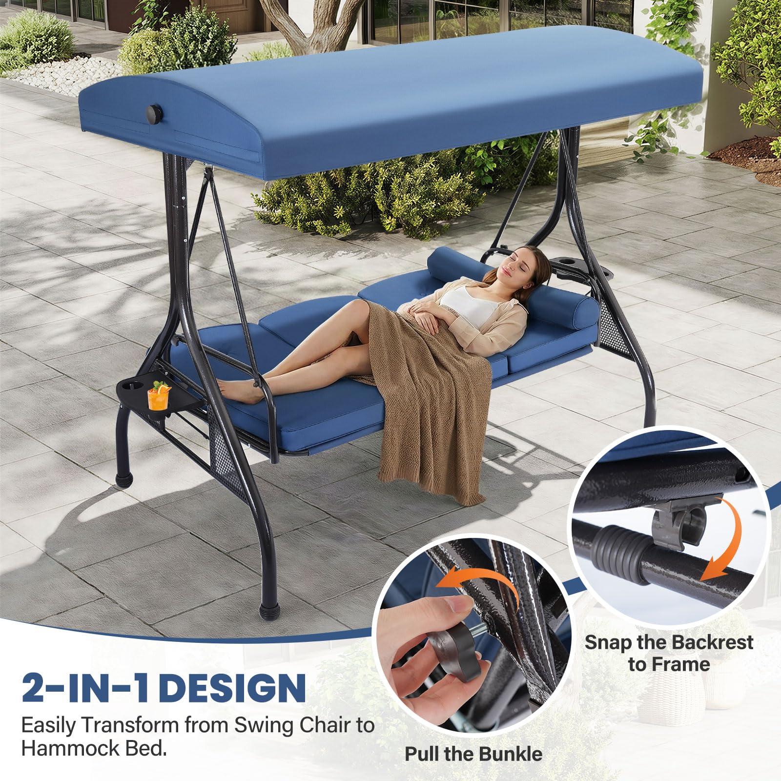 3 Seat Outdoor Porch Swing with Adjustable Canopy,2 in 1 Patio Swing Bed with Stand 800lbs for Adults,Outdoor Swing with Removable Cushion, Cup Holder ＆ Pillow for Backyard, Porch, Garden