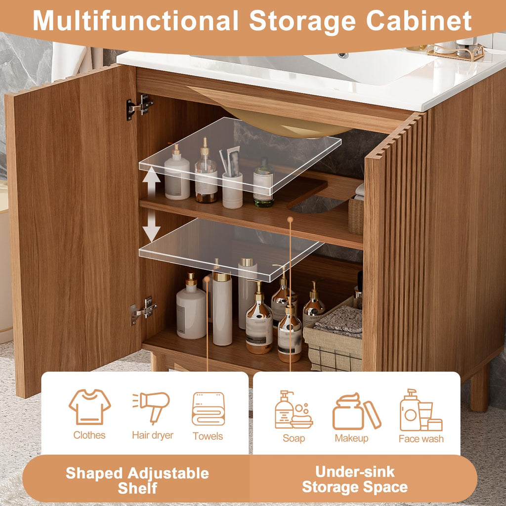 Merax 59.8" Bathroom Vanity with Ceramic Sink, Double Bathroom Vanity Combo, Freestanding Bathroom Cabinet with Wooden Legs, MDF Structure, Soft Close Doors, Adjustable Shelf