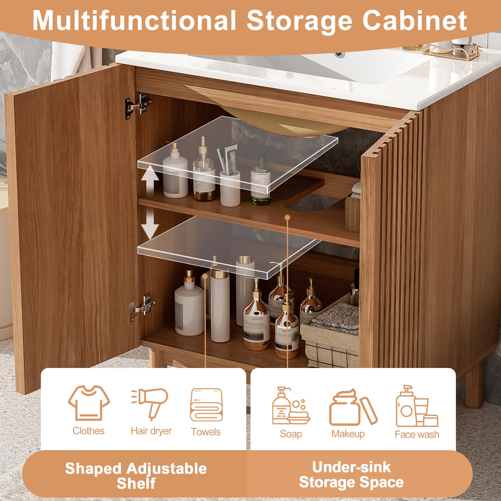 Merax 59.8" Bathroom Vanity with Ceramic Sink, Double Bathroom Vanity Combo, Freestanding Bathroom Cabinet with Wooden Legs, MDF Structure, Soft Close Doors, Adjustable Shelf