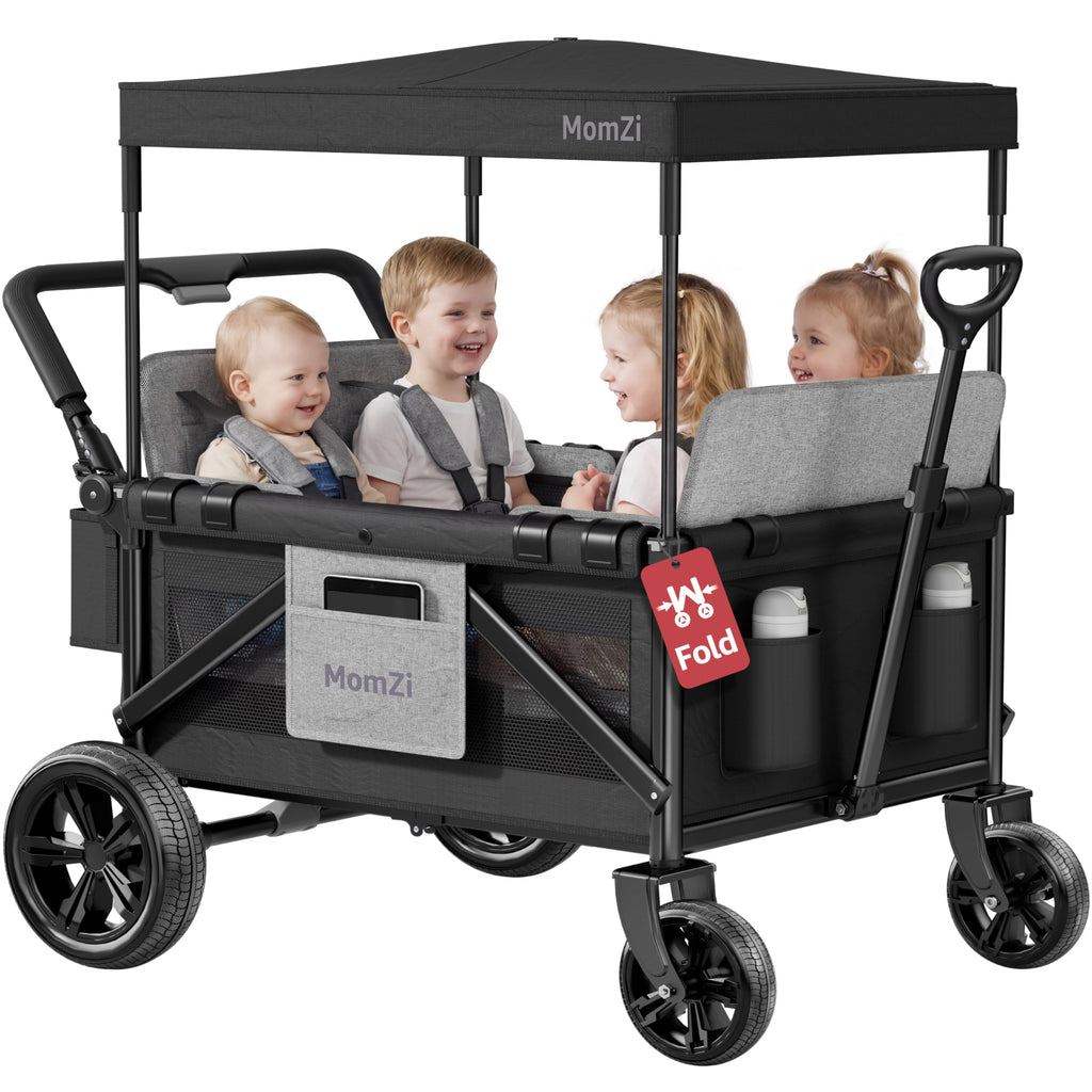 MomZi 4 Seater Wagon Stroller for Kids, Collapsible Wagon Stroller with Removable Canopy, Foldable Stroller Wagon with Seat and Storage Pocket for Baby Toddlers Black