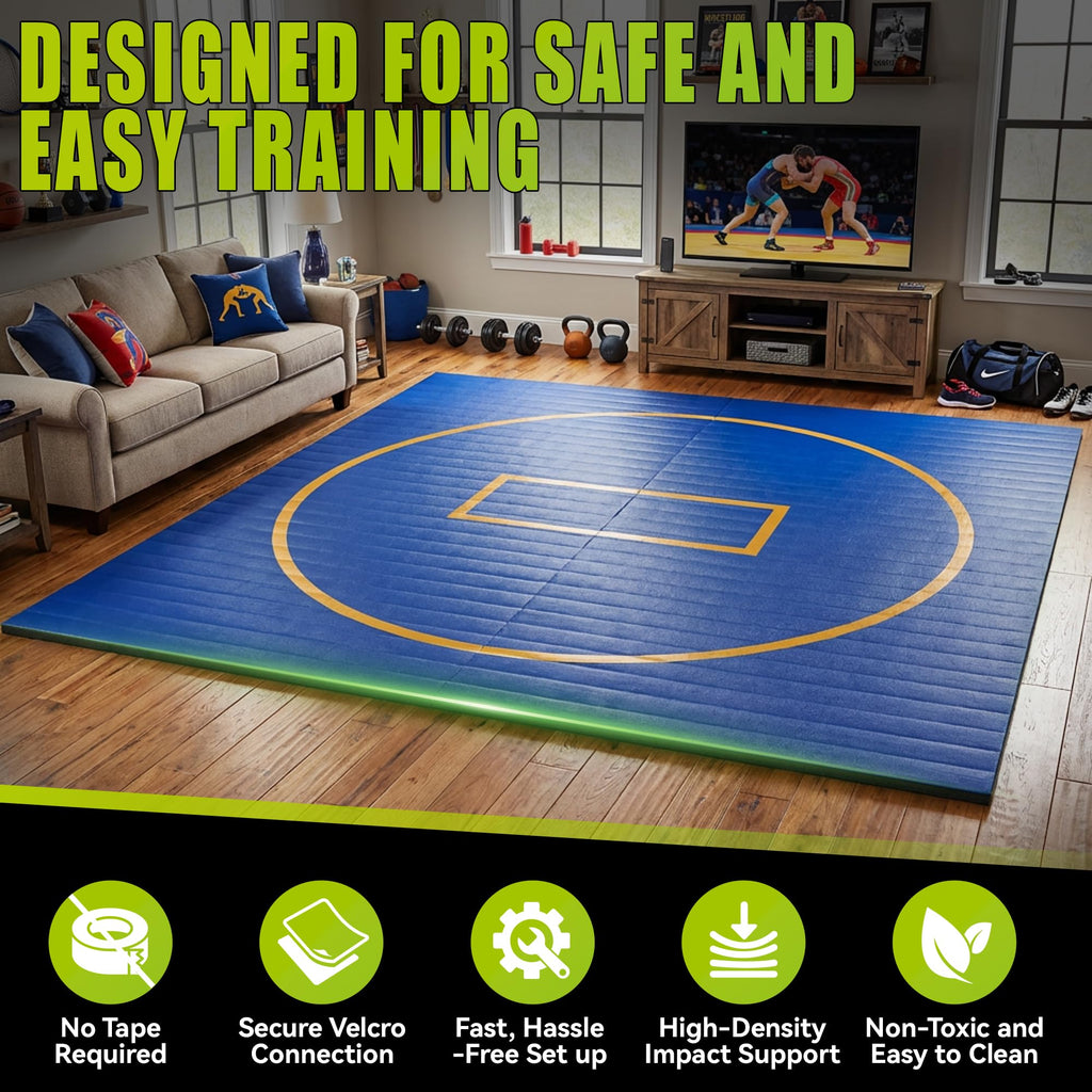 AORSUS 10ft x 10ft Wrestling Mat for Home, 1.25" High-Density EVA Foam Roll-Up Grappling Mat – Professional BJJ, MMA, Judo Training Surface – Portable Roll-Out Gymnastics Mat for Home Gym & Dojo, Blue