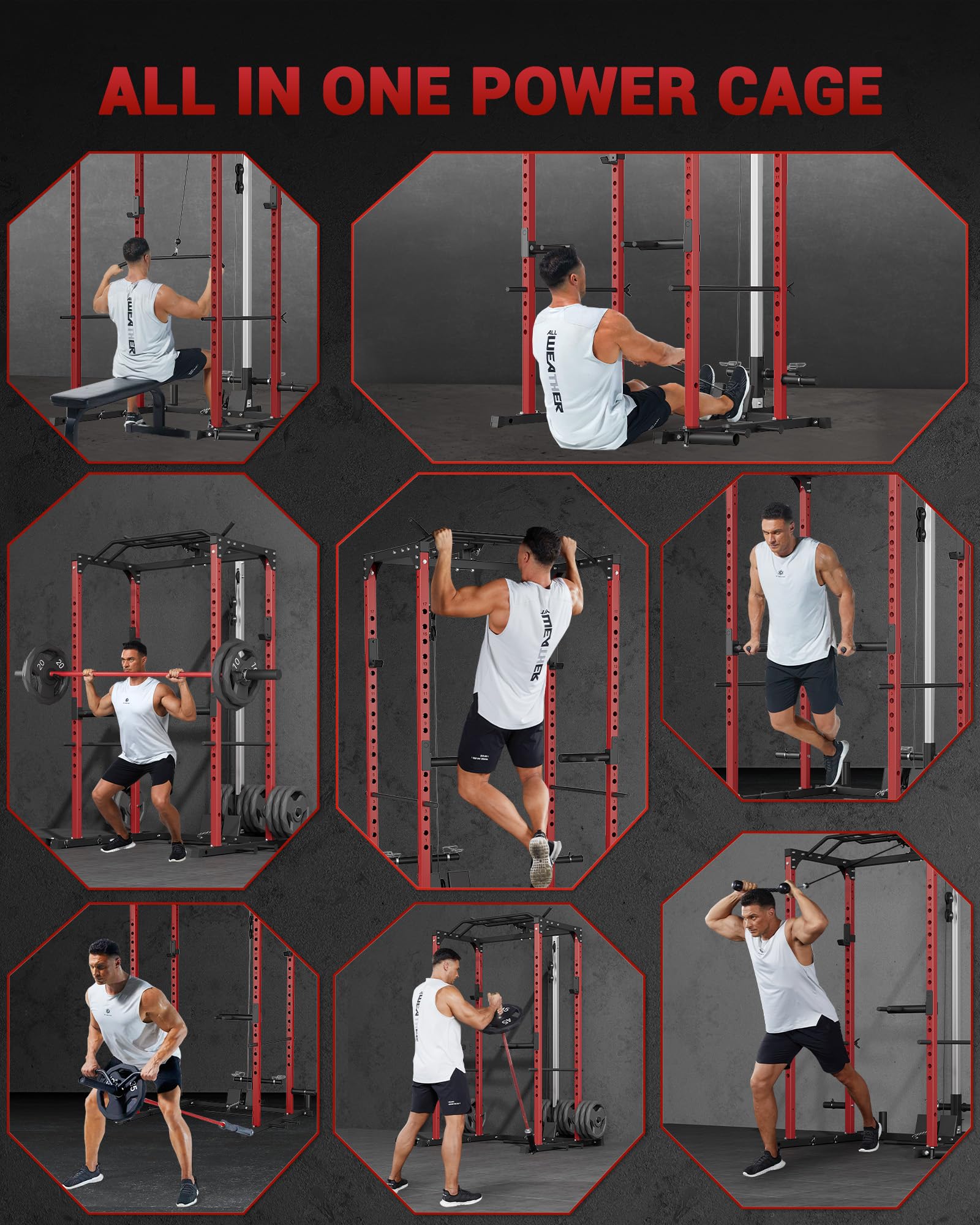 GarveeLife Power Cage, Power Racks for Home Gym with Pulley System, 1200 LBS Weight Capacity Multi-Functional Squat Rack for Strength Workout with More Training Attachment (Red D1002)
