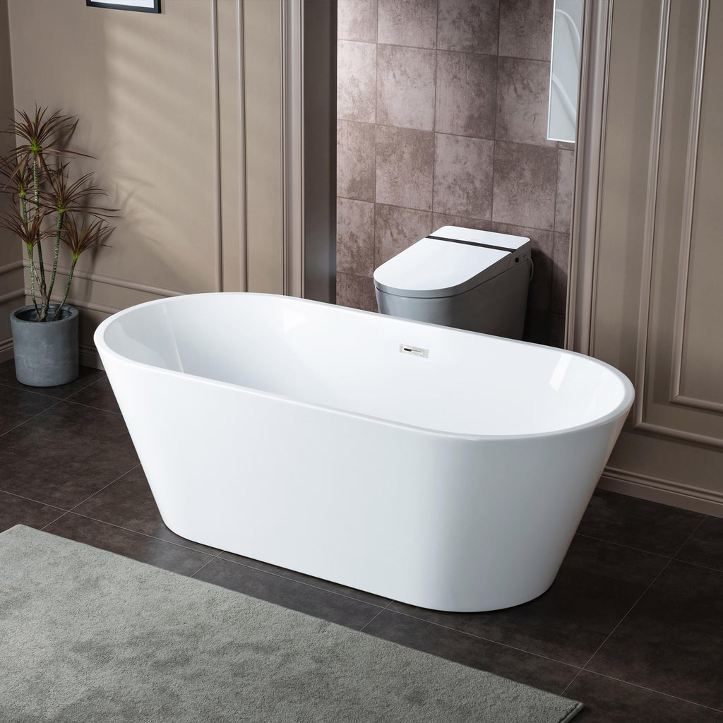 WOODBRIDGE 67" Acrylic Freestanding Bathtub Contemporary Soaking White Tub with Chrome Overflow and Drain