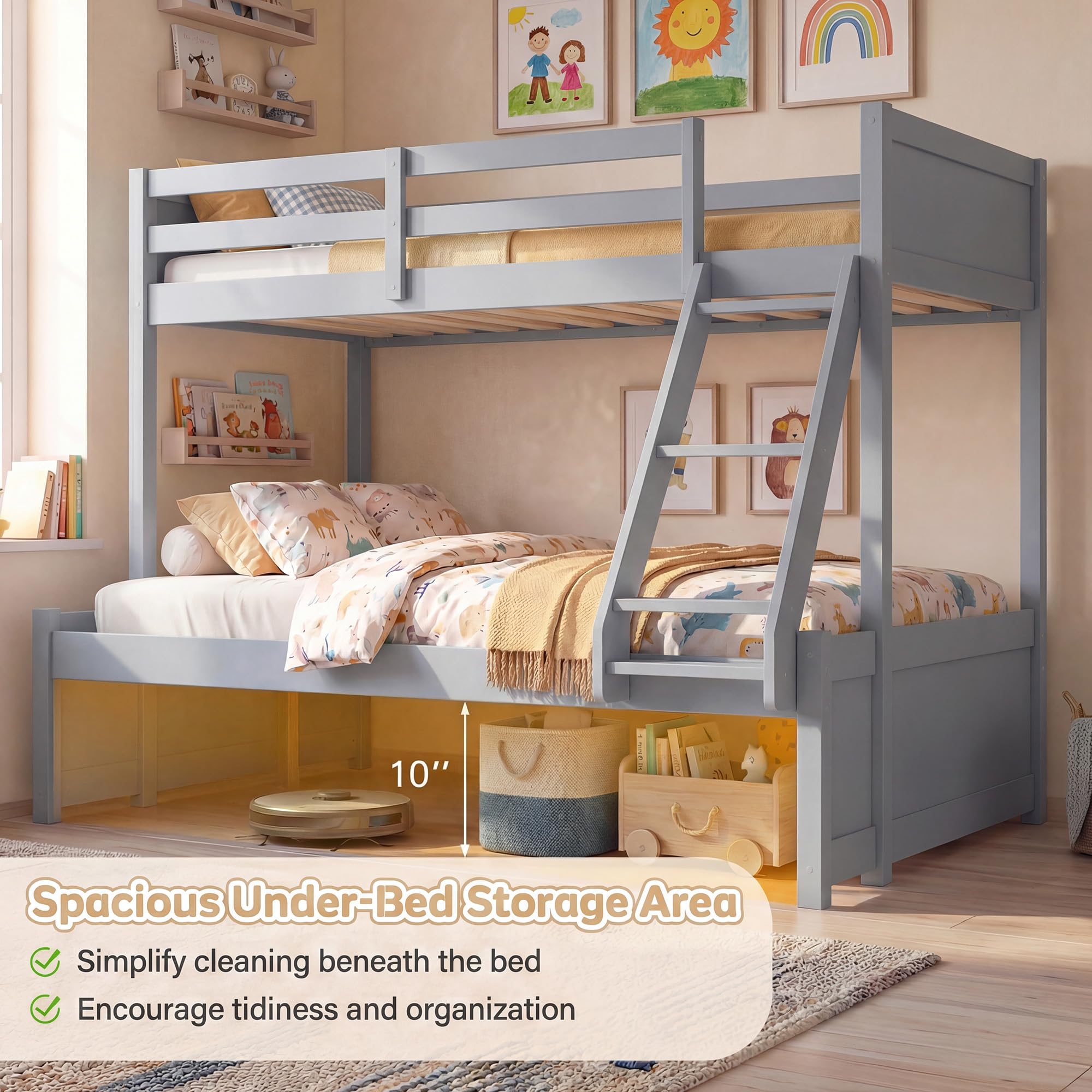 KOMFOTT Twin Over Full Bunk Bed, Pine Bed Frame with 3-Step Ladder, Full-Length Guardrails & 21 Wooden Support Slats, Solid Wood Bunk Bed for Teens, Kids, Adults, Dorms and Apartments (Grey)
