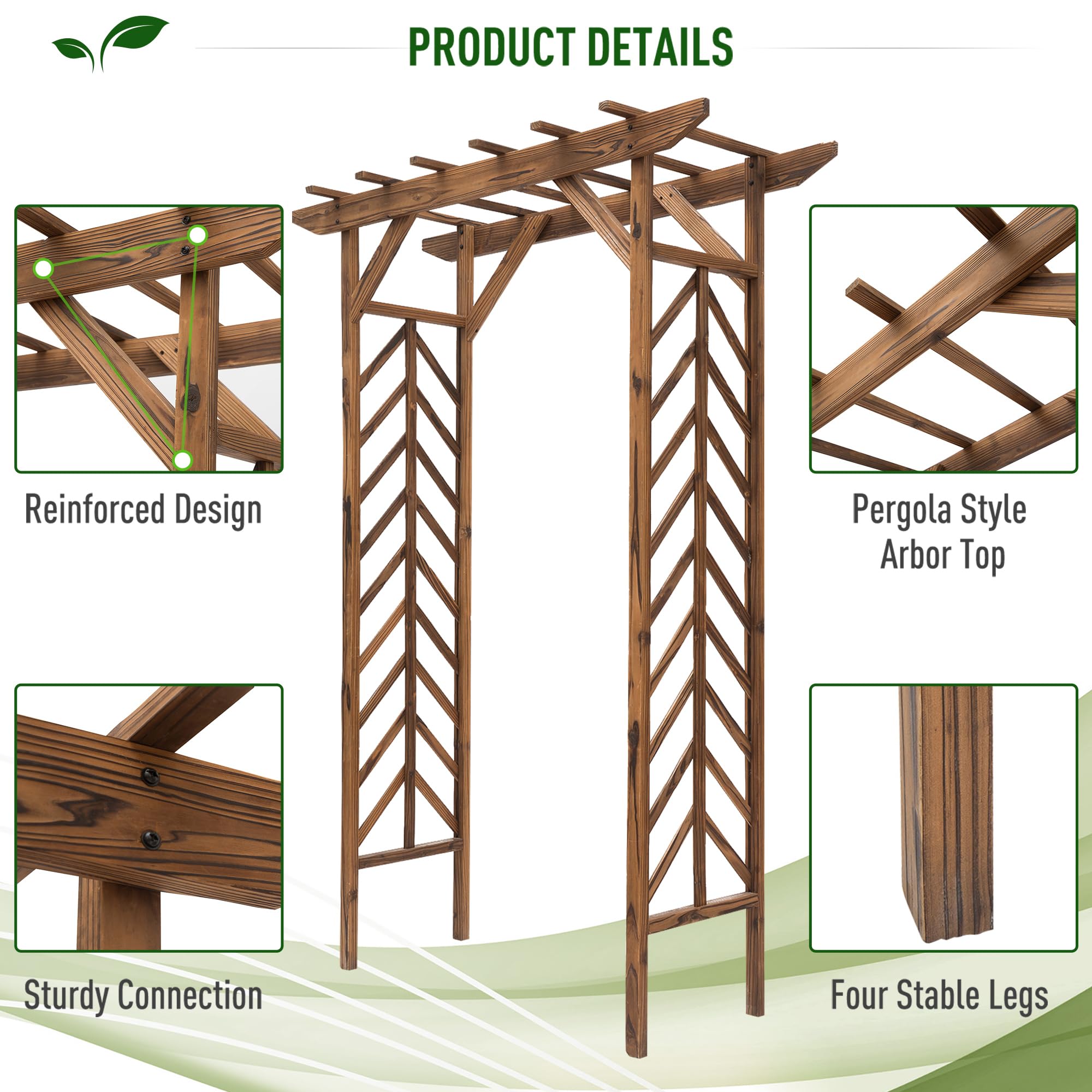 79in Wooden Garden Arbor Arch Trellis with Classic Countryside Style, Pergola Style Roof for Climbing Vines for Ceremony Party Weddings