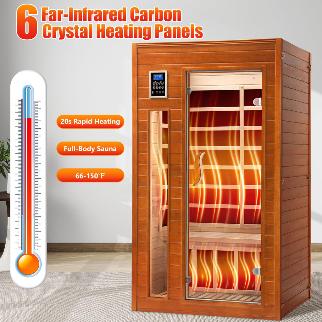 X-Vcak 1-2 Person Infrared Sauna, Dry Heat Sauna with Red Light Therapy, Bluetooth, Radio, 7-Color Therapy Light for Home, Indoor, Gym, Wellness Center, 40″ x 36″ x 73″, Brown