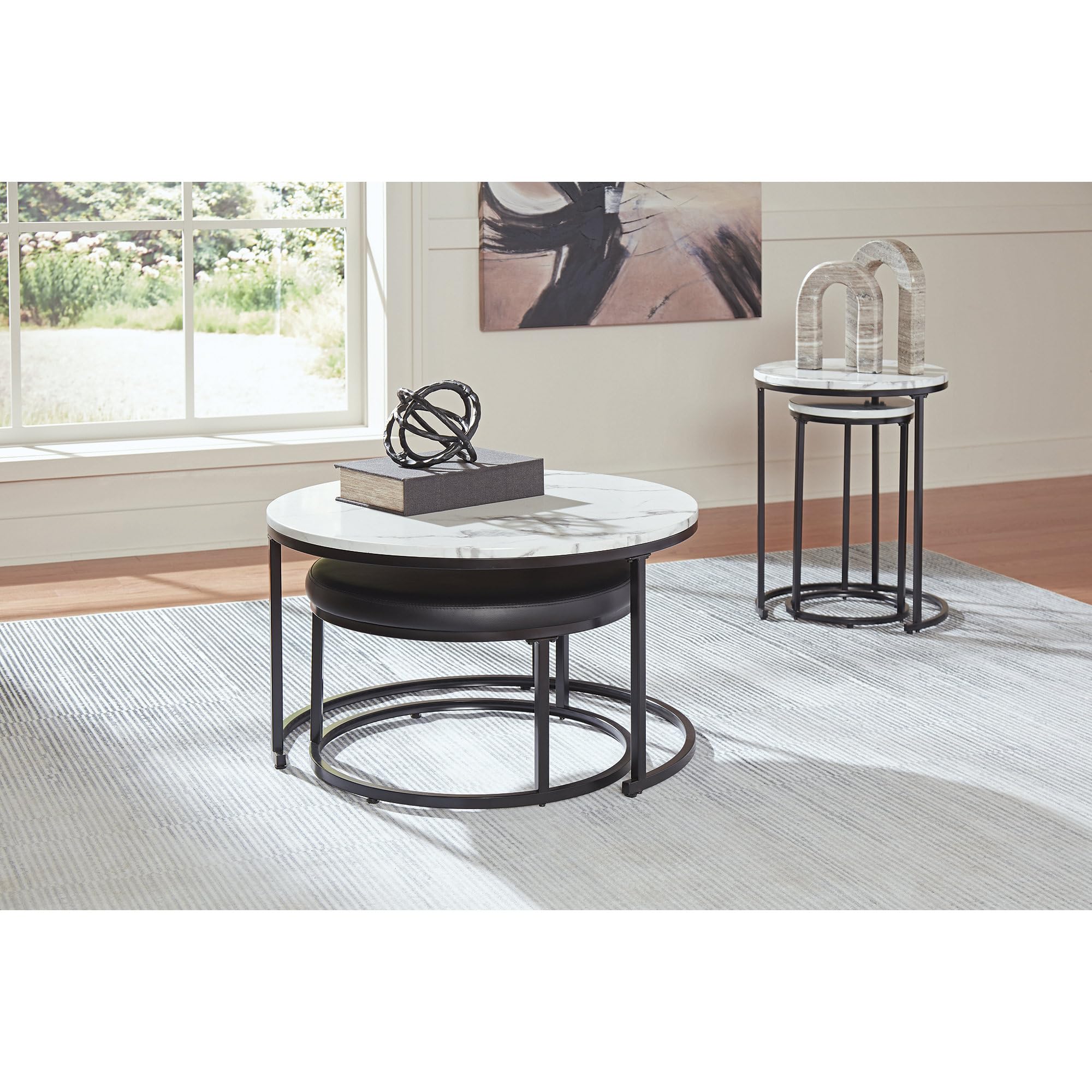 Signature Design by Ashley Jusmour Modern Nesting Table Set with Faux Leather Upholstered Ottoman, Set of 4, Black & White