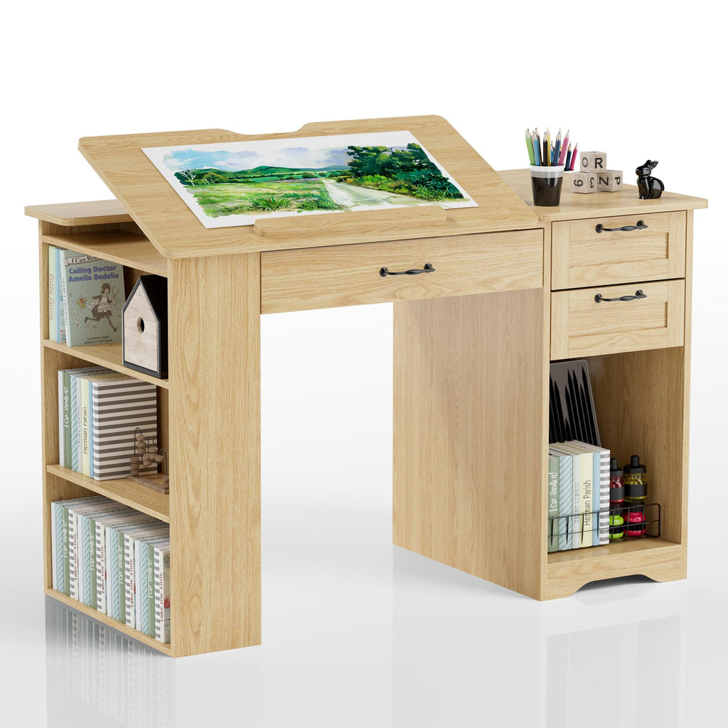 GatherHome Drafting Table with Storage Cabinet & Drawers, Adjustable Drawing Table with Open Shelves, Craft Art Desk for Artists, Painters, Drawing, Crafting, Reading, Writing, Working