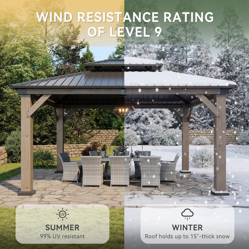Aoxun 12' x 14' Outdoor Wood Gazebo, Hardtop Gazebo Permanent Wooden Pavilion with Galvanized Steel Double Roof, for Patio, Garden, Deckyard, Cedar Wood, Grey