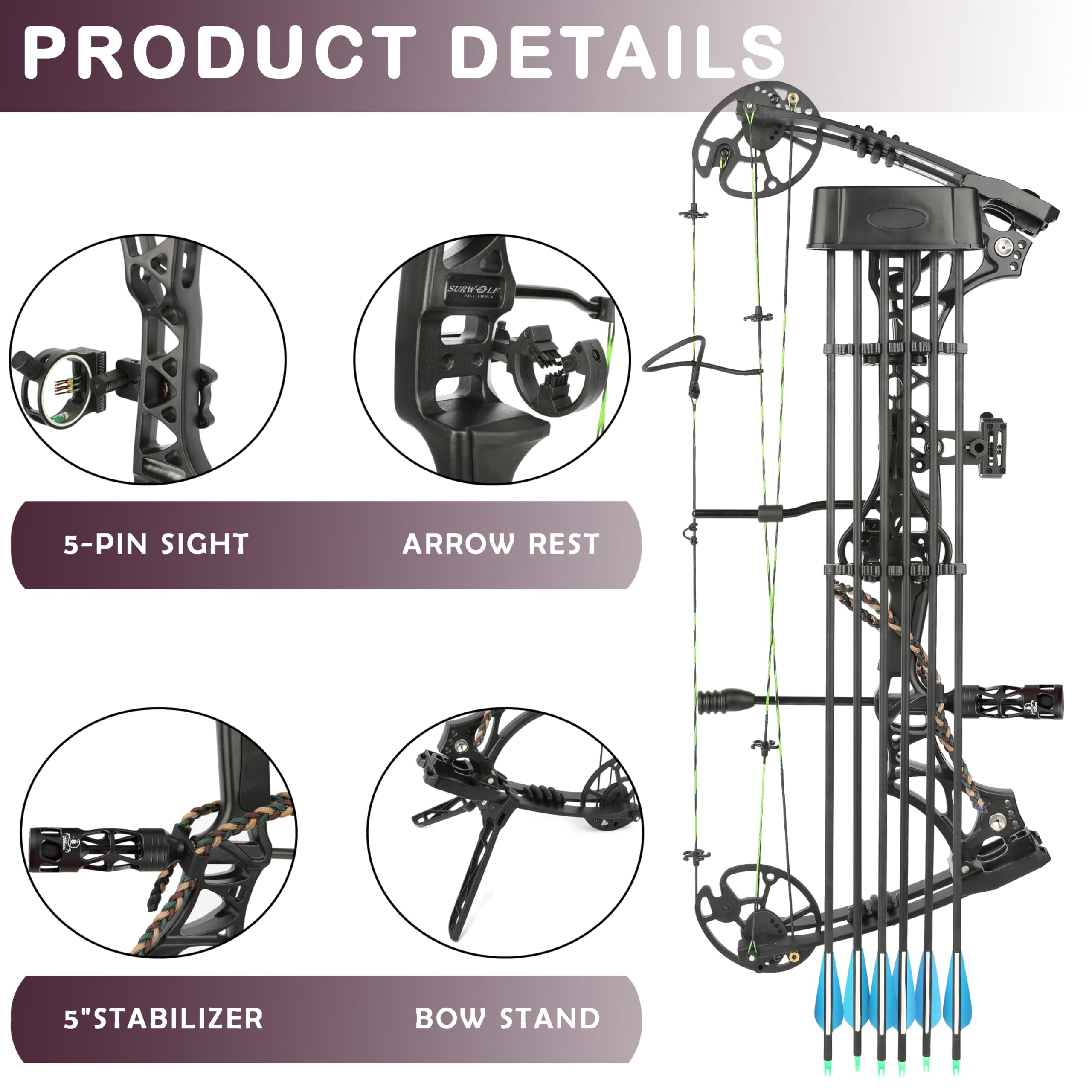 surwolf Compound Bow Kit, Hunting and Target, Limb Made in USA,Draw Weight 30-70 lbs Adjustable, Draw Length 19-30.5",up to IBO 320FPS Speed, Package with Archery Hunting Accessories (Grey)