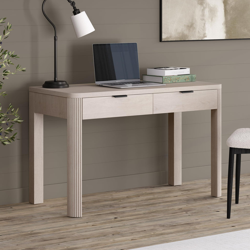 Henn&Hart 48" Fluted Modern Rectangular Wooden Home Office Desk Computer Desk Writing Table with Ribbed Legs and 2 Storage Drawers for Bedroom, Living Room, or Home Office, Beech White