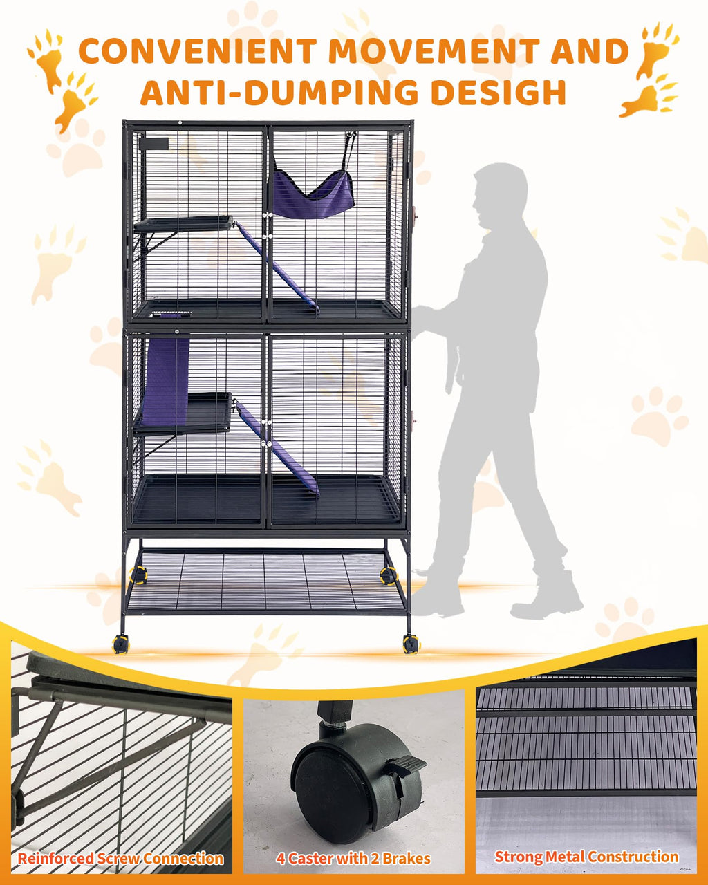 Garvee Metal Small Animal Cage,64 in H Ferret Cage for Small Animals - 4 Tier Large Hamster Cage with Removable Ramp, Hammock, Extra Storage Stand,Removable Tray for Ferret, Chinchilla, Hamster