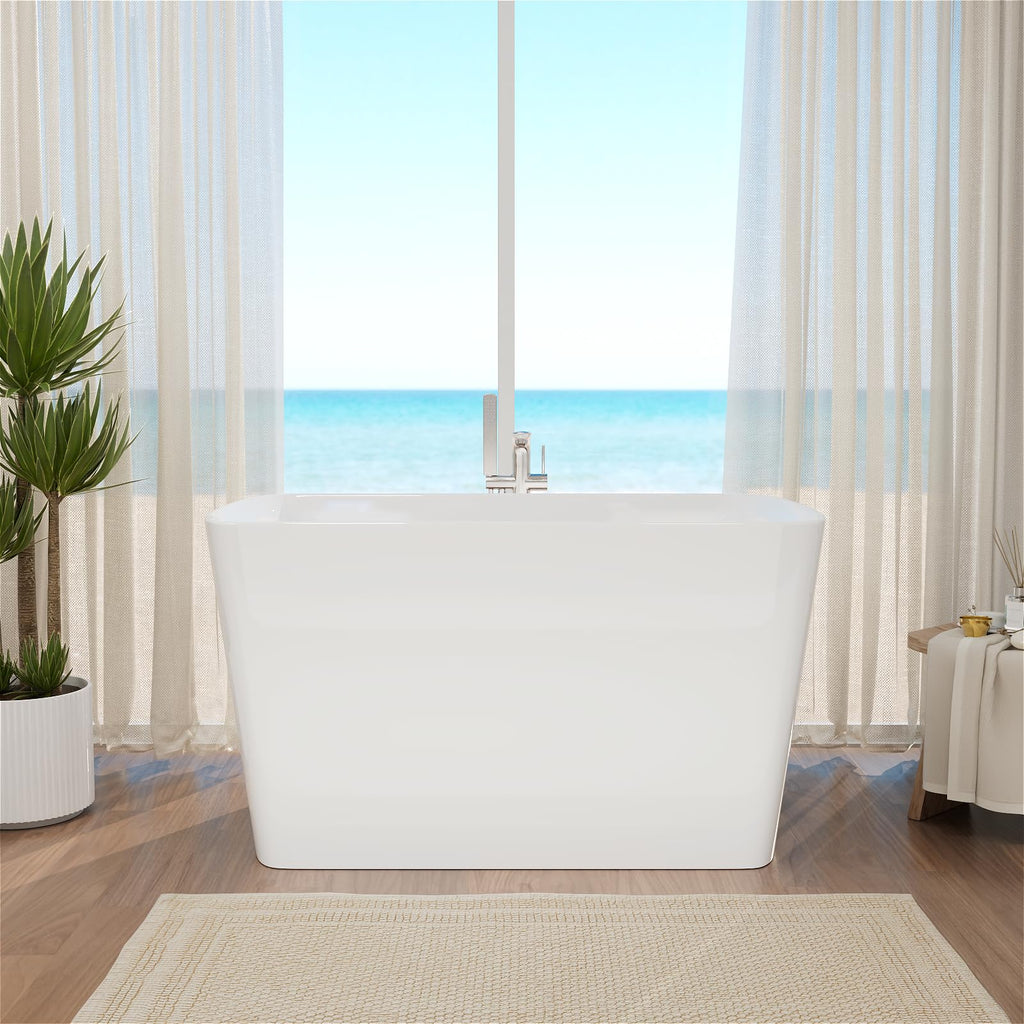 Mokleba 47" Lucite Acrylic Freestanding Bathtub，Square Shape Japanese Soaking Tub with Seat Desgin,Toe-tap Chrome Right Drain, Slotted Overflow, cUPC Certified,Glossy White