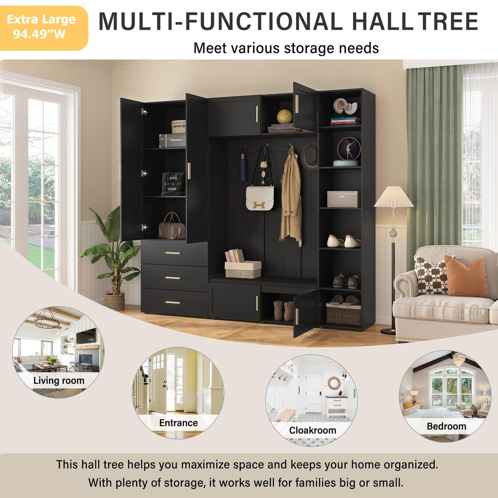 Amposei 94.49’’W Extra Large Hall Tree Cabinet with 6 Doors & 3 Drawers, Tall Entryway Organizer Shoe Storage Bench with 4 Coat Hooks & 6 Open Cubbies for Hallway Mudroom Living Room, Black