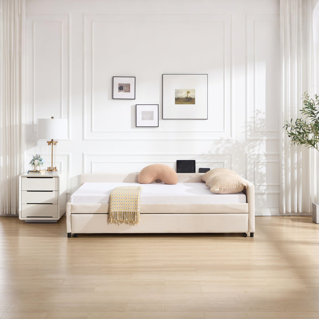 DNYN L-Shaped Corner Daybed with Pull-Out Trundle and Dual USB Ports for Bedroom/Guest Room, Velvet Bed Frame w/Wooden Slats Support and LED, Space-Saving & No Box Spring Needed, Beige