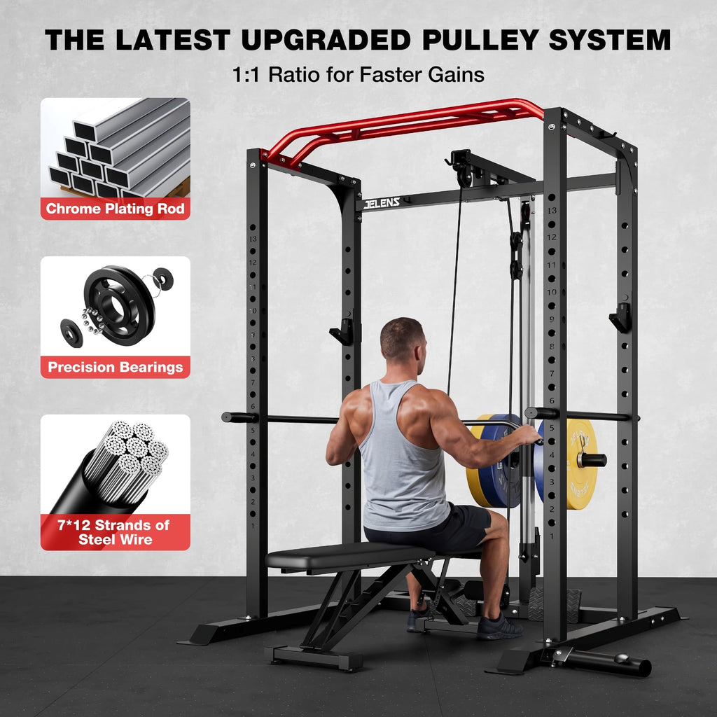 JELENS S11 Power Cage, 2000LB Multi-Function Power Rack with LAT Pulldown, Squat Rack with Adjustable Pulley System and Training Attachments, Weight Rack for Home Gym