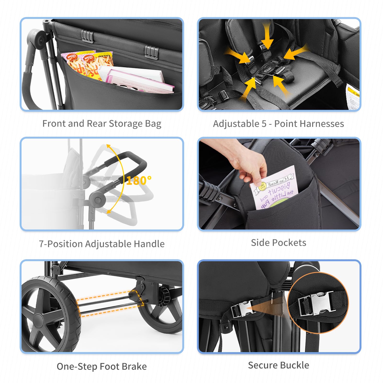 Stroller Wagon for 4 Kids, 4 Seater Wagon Stroller Featuring 4 High Seat with 5-Point Harnesses and Adjustable Canopy, Foldable Double Push Bar Wagon Stroller 4 Seater for Garden, Camping (Black)