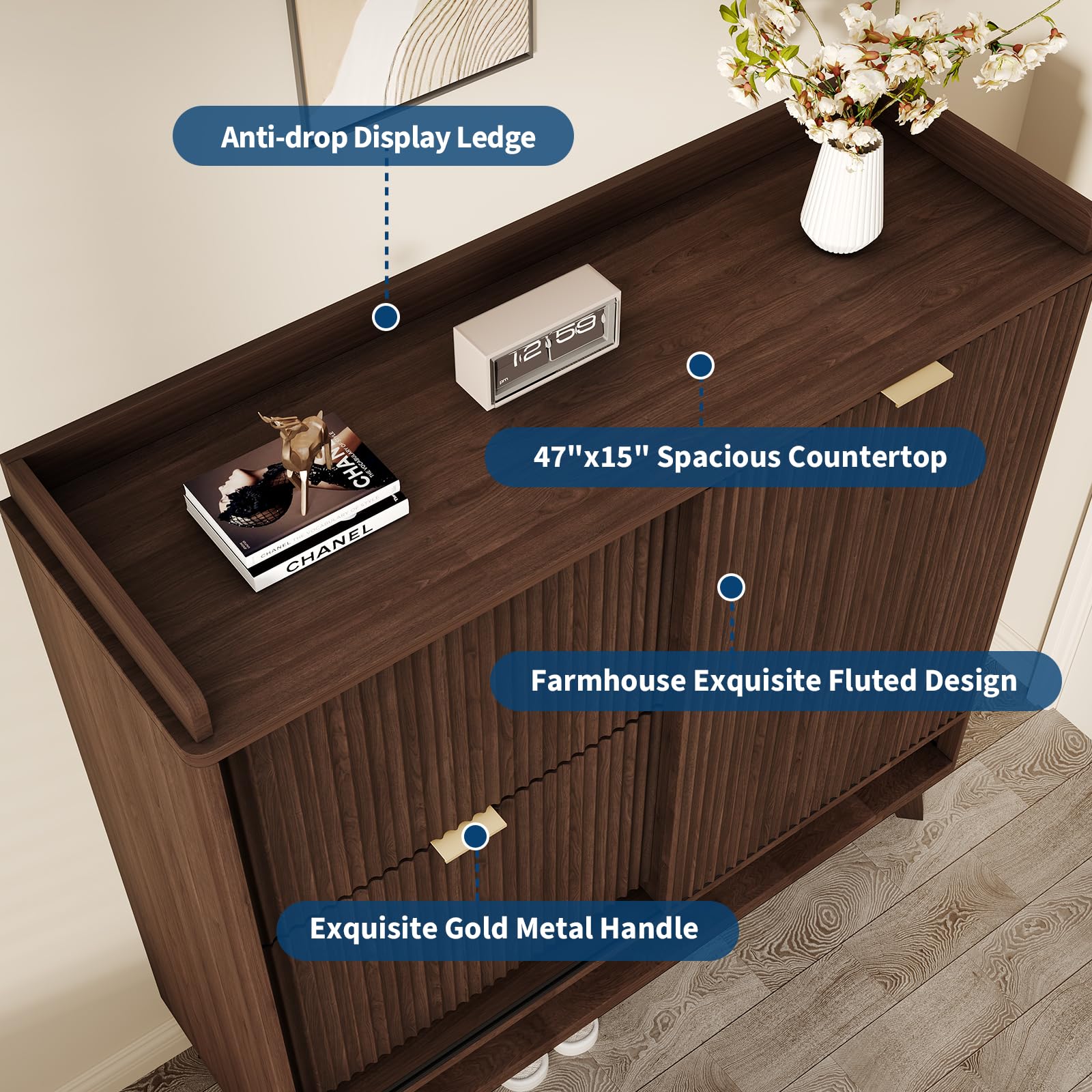 GarveeHome Narrow Fluted Shoe Cabinet Storage for Entryway, Wood Large Freestanding Shoe Organizer Cabinet with Sliding Door, 2 Flip Drawers, Adjustable Shelves Rack & Bottom Open Shelf