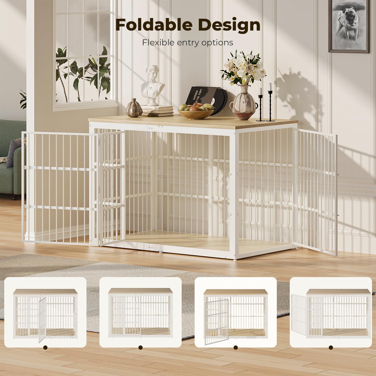 Lyromix 54" Dog Crate Furniture with Foldable Door, XXL Dog Crates for Large Dogs, Wooden Decorative Dog Cage Kennel Indoor End Table, Natural Beech