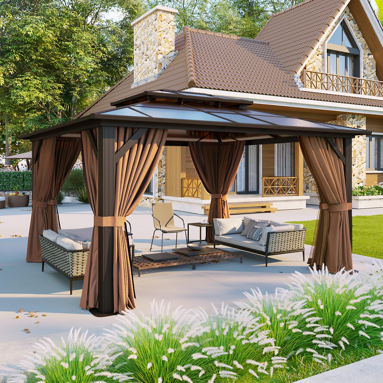 Aoxun 12'x10' Hardtop Gazebo, Aluminum Frame Permanent Pavilion with Curtains and Netting, Outdoor Polycarbonate Double Roof Canopy, Designed for Garden, Lawns, Patio, Brown
